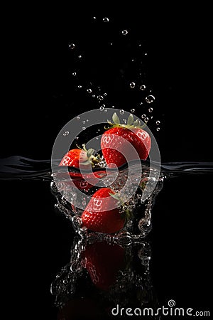 Strawberry Fall In Water, Red Fruit Splash, Juicy Strawberry Falling With Splash on Black Background Stock Photo