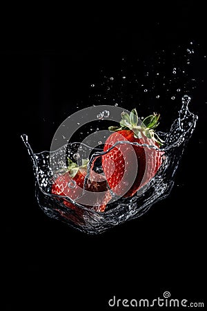 Strawberry Fall In Water, Red Fruit Splash, Juicy Strawberry Falling With Splash on Black Background Stock Photo