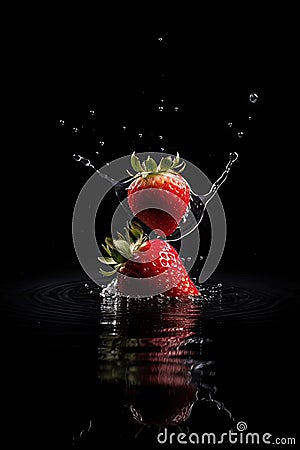 Strawberry Fall In Water, Red Fruit Splash, Juicy Strawberry Falling With Splash on Black Background Stock Photo