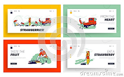 Strawberry Farm Workers Care, Picking and Loading Berries Landing Page Template Set. Immigrants Growing Strawberry Vector Illustration