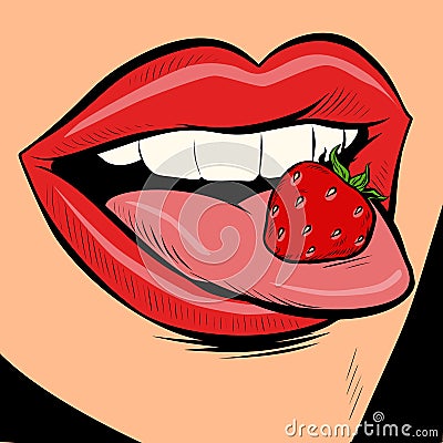 Strawberry female tongue mouth Vector Illustration