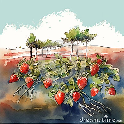 strawberry field cartoon illustration, simple 2d digital art Cartoon Illustration