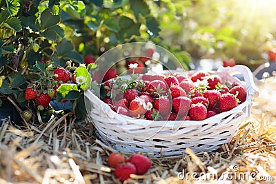 Strawberry field on fruit farm. Berry in basket Stock Photo