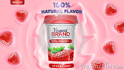 Strawberry flavor yogurt ad, with yogurt splashing and waves and floating strawberry elements Vector Illustration