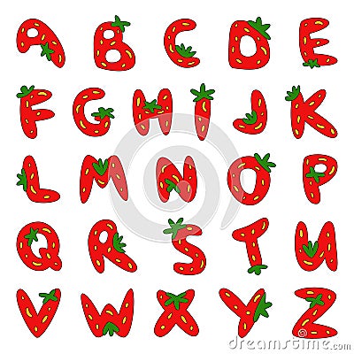 Strawberry font. Berry alfabet. Letters from red fruits. Soft funny cartoon hand drawn kids bright illustratio for lettering Vector Illustration