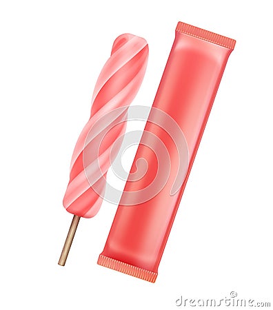 Strawberry Fruit Juice Ice on Stick with Pink Foil Vector Illustration