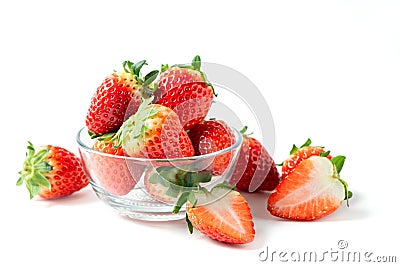Strawberry on glass isolated on white background. Strawberries with leaf isolate Stock Photo