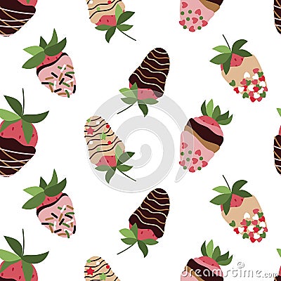 Strawberry in glaze, chocolate, sprinkle. Seamless repeat pattern. Vector, flat Vector Illustration