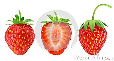 Strawberry and half isolated on white background. Fresh berry with full depth of field. Set or collection Stock Photo