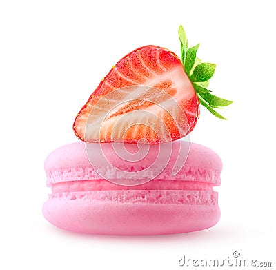 Strawberry half on top of pink macaron isolated on white Stock Photo