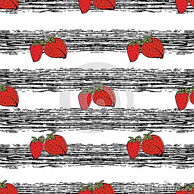 Strawberry hand drawn pattern on black strips Vector Illustration