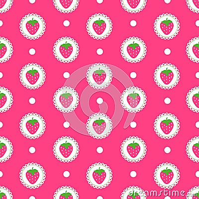 Strawberry hot pink white lace seamless pattern. Repeatable background. Vector illustration. Vector Illustration