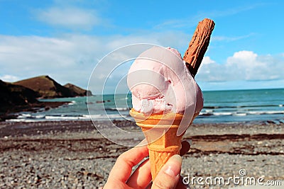 Strawberry Ice Cream on the Beach Stock Photo