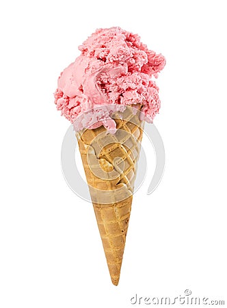 Strawberry ice cream in waffle cone isolated on white Stock Photo