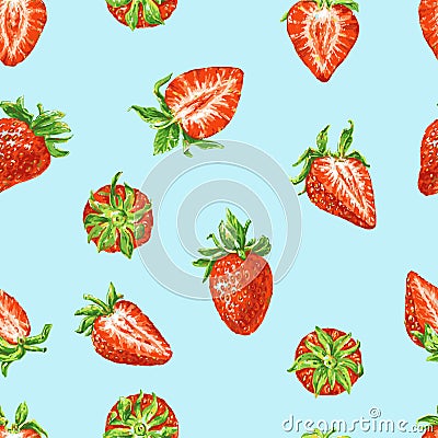 Strawberry isolated on a blue background. Digital drawing of strawberry berries. Seamless pattern for fabric design Stock Photo