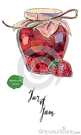 Strawberry jam in a glass jar and fresh berry Vector Illustration