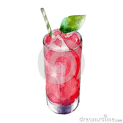 Strawberry juice in glass with mint leaf, watercolor illustration isolated on white. Cartoon Illustration