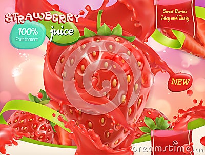 Strawberry juice. Sweet fruits and berries. 3d vector Vector Illustration