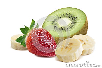 Strawberry kiwi half piece banana 5 isolated on white background Stock Photo
