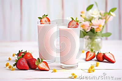 strawberry lassi in tall glasses, fresh strawberries beside Stock Photo