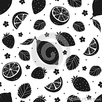 Strawberry and lemon black seamless pattern. Vector illustration Vector Illustration