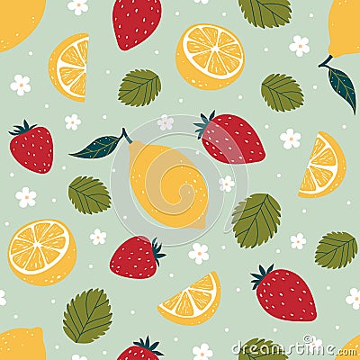 Strawberry and lemon bright seamless pattern on green background. Vector illustration Vector Illustration