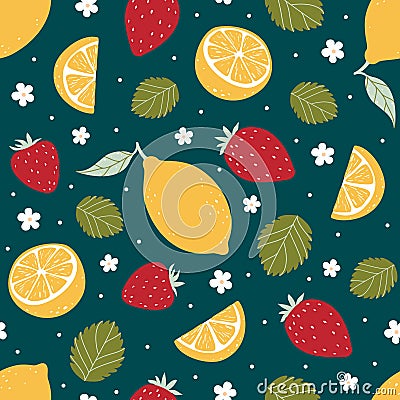 Strawberry and lemon seamless pattern on dark green. Vector illustration Vector Illustration