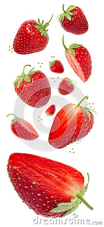 Strawberry levitation on a white isolated background. Whole pieces of strawberries and cut Stock Photo