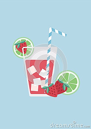 Strawberry and lime juice in glass illustration on light blue background Cartoon Illustration