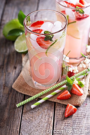 Strawberry lime lemonade in tall glasses Stock Photo