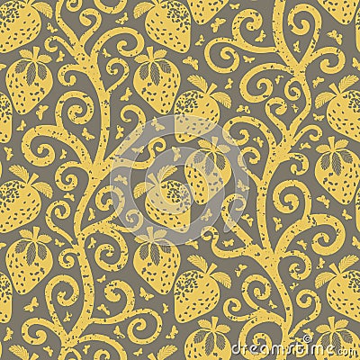 Strawberry linocut Indian Florals style seamless vector pattern background. Winding stems with berries and butterflies Vector Illustration