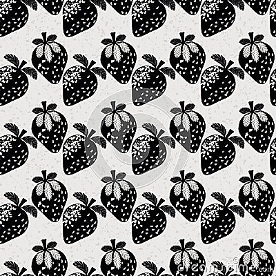 Strawberry linocut seamless vector pattern background. Rows of stencil style berries on terrazzo textured backdrop Vector Illustration