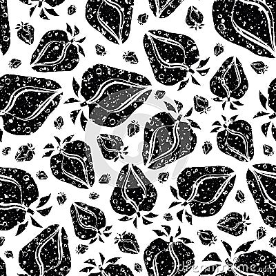 Strawberry linocut seamless vector pattern background. Stencil style hand drawn berries with leaves on black and white Vector Illustration