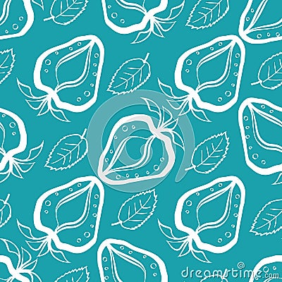 Strawberry linocut seamless vector pattern background. Stencil style hand drawn berries and leaves blue white backdrop Vector Illustration