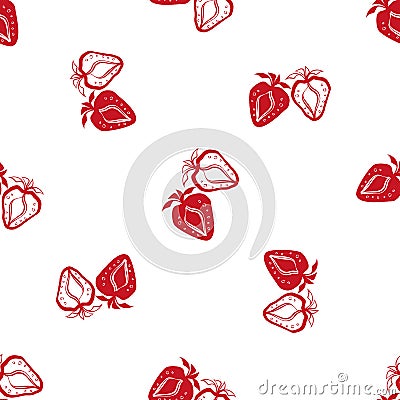 Strawberry linocut seamless vector pattern background. Stencil style hand drawn pairs of red berries on white backdrop Vector Illustration