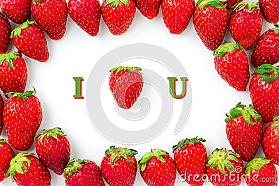 Strawberry look like heart shape, It is mean I LOVE YOU. Group of strawberries are arranged as frame with shadow Stock Photo