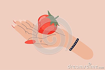 Strawberry lying on the hand. Red strawberry illustration. Fashionable cartoon hand holding a strawberry. Modern illustration for Cartoon Illustration