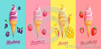 Strawberry,mango,blueberry, raspberry Ice creams. Vector Illustration