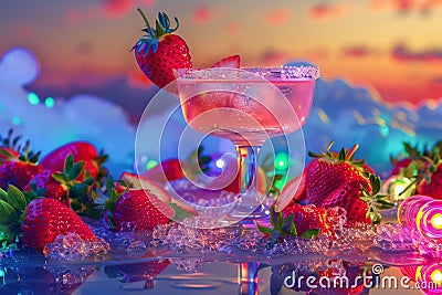 Strawberry Margarita Cocktail on Color Neon Background, Tropical Mocktail, Beach Party Coctail Stock Photo