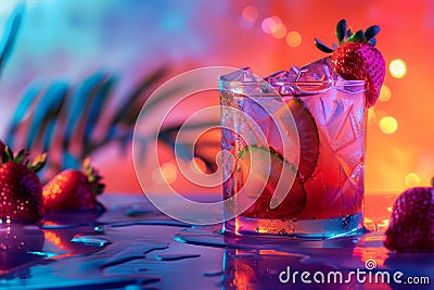 Strawberry Margarita Cocktail on Color Neon Background, Tropical Mocktail, Beach Party Coctail Stock Photo