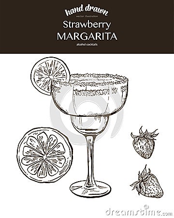 Strawberry Margarita. Vector sketch illustration Vector Illustration