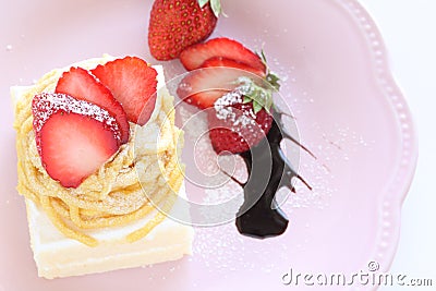 Strawberry and marron cake and milk tea Stock Photo