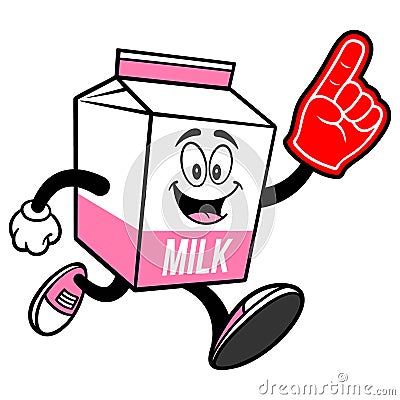 Strawberry Milk Carton Mascot running with a Foam Finger Vector Illustration