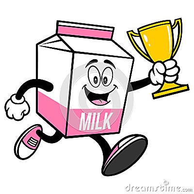 Strawberry Milk Carton Mascot running with a Trophy Vector Illustration