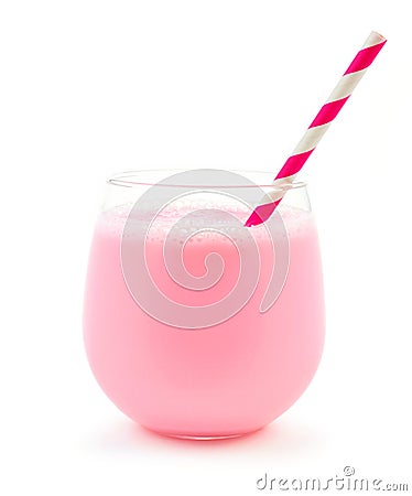 Strawberry milk in a glass tumbler with straw over white Stock Photo