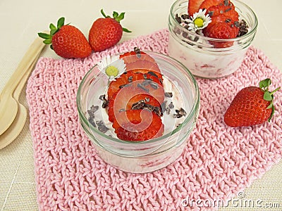 Strawberry milk quark wit cacao nibs Stock Photo