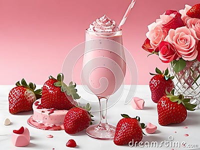 Delicious Rose Strawberry Smoothie Milkshake With Whipped Cream In Glass. Ai Generated Stock Photo
