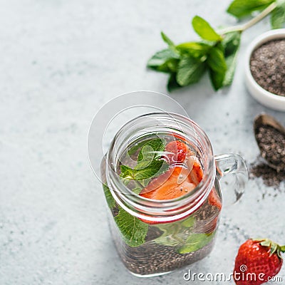 Strawberry and mint chia water in mason jar Stock Photo