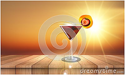 Strawberry mocktail in a glass on table during sunset Vector Illustration