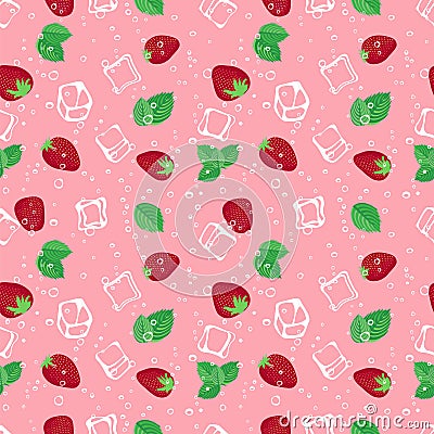 Strawberry mojito seamless vector pattern on pink background. Vector Illustration